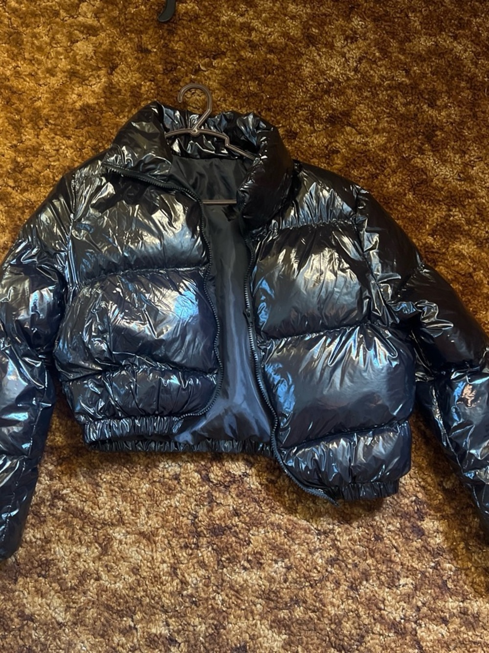 Shiny Black Cropped Puffer Jacket - Women's